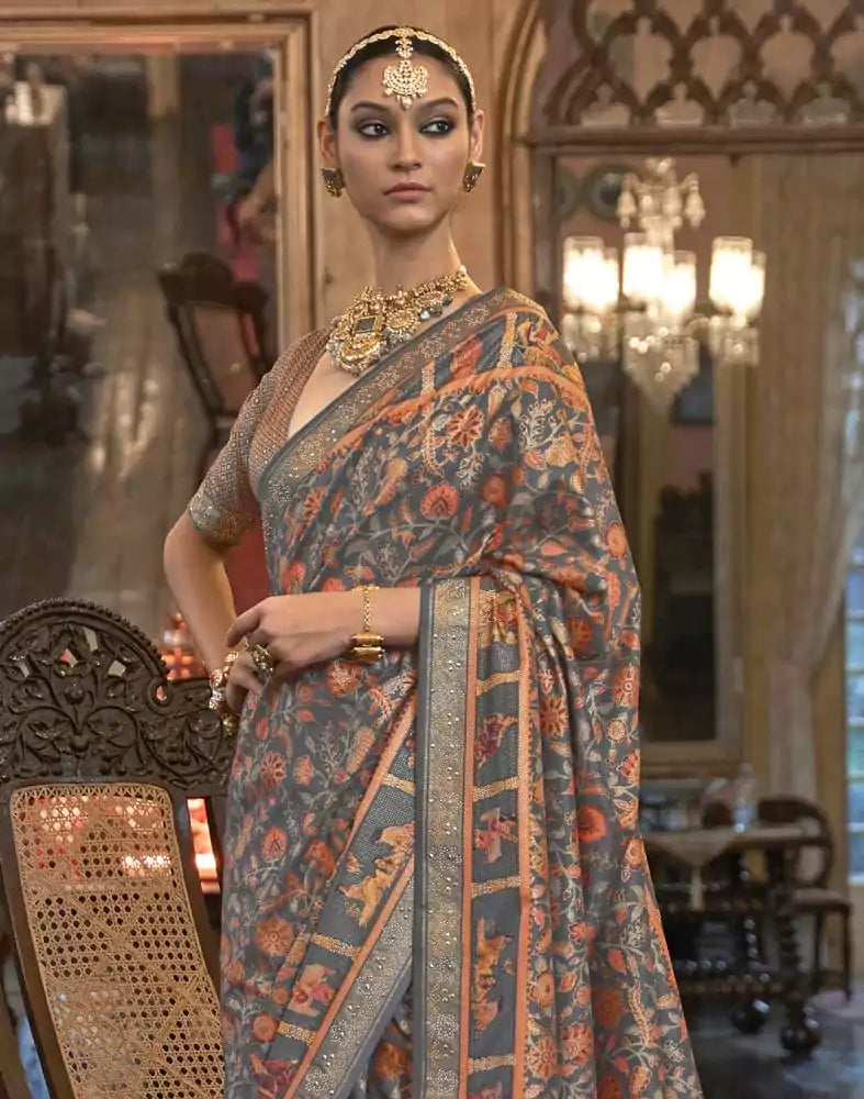 Beautiful Grey Floral Patola Mica Print Saree
