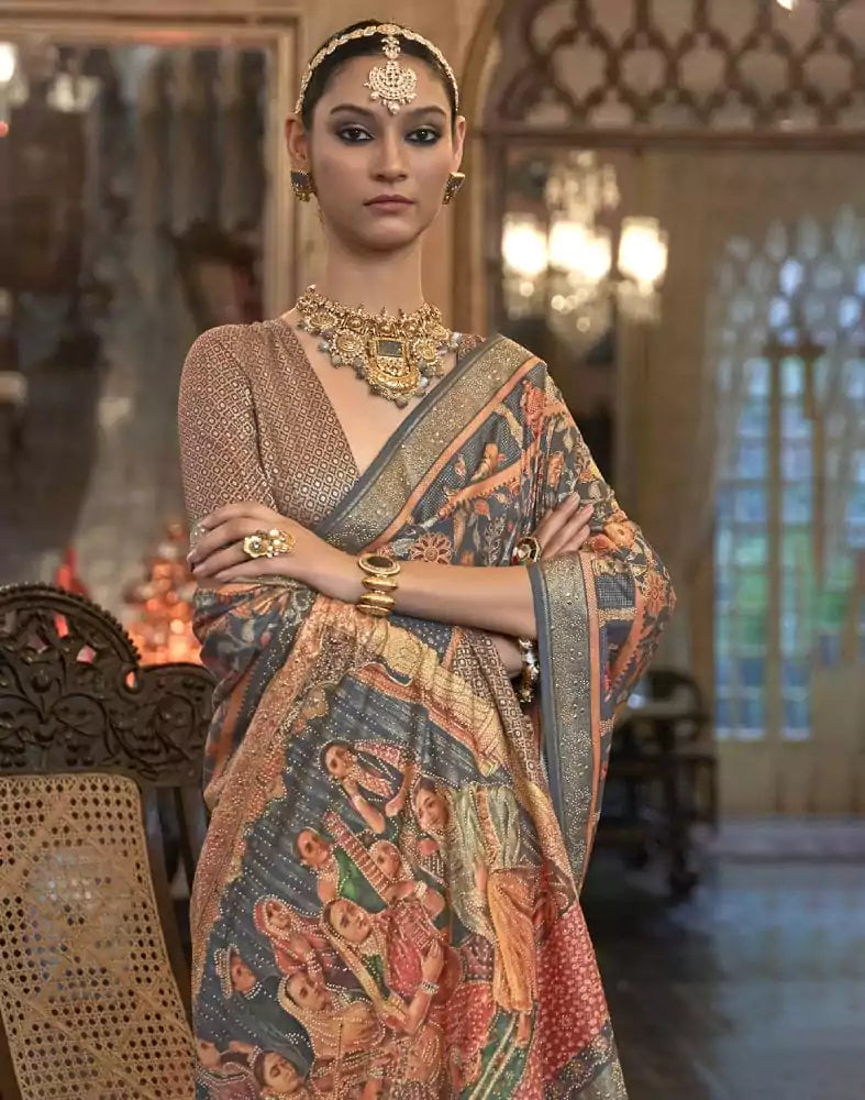 Beautiful Grey Floral Patola Mica Print Saree