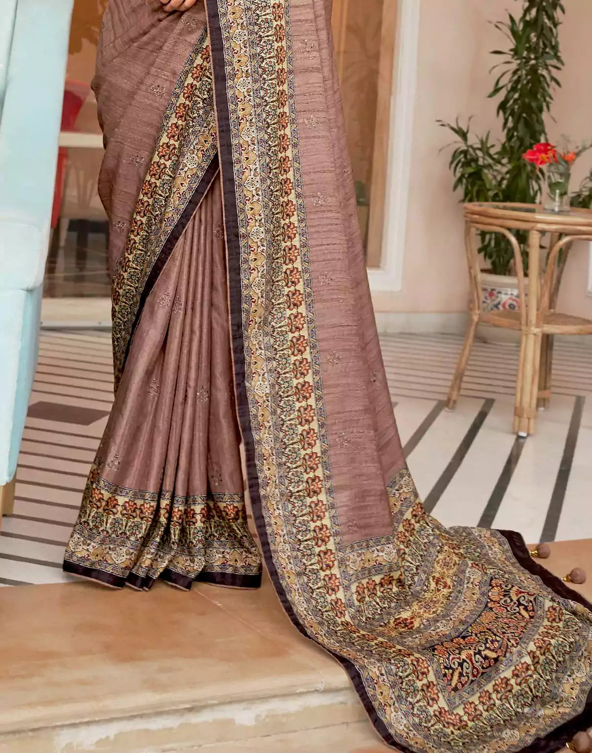 Light Brown Floral Jute Silk Saree