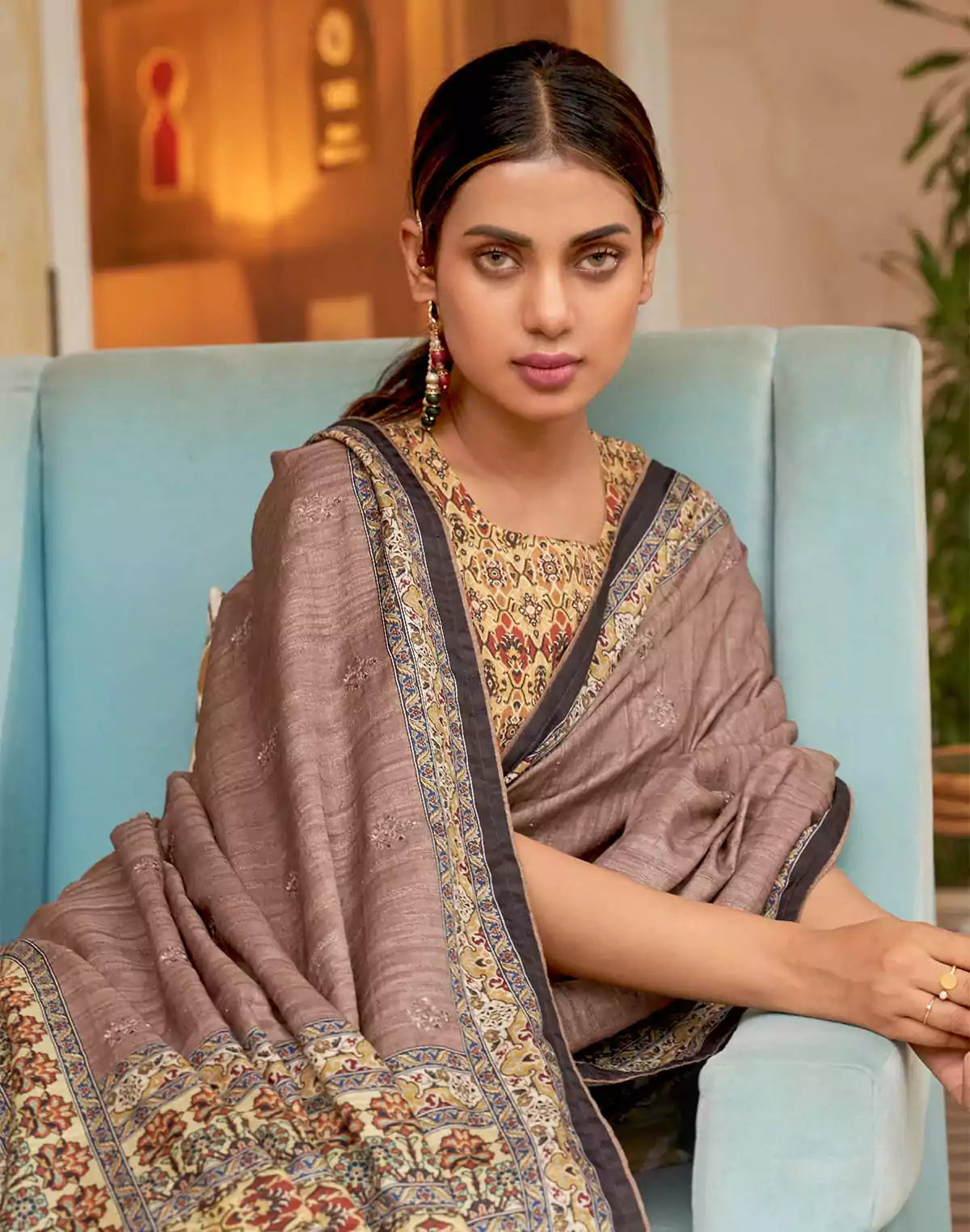 Light Brown Floral Jute Silk Saree