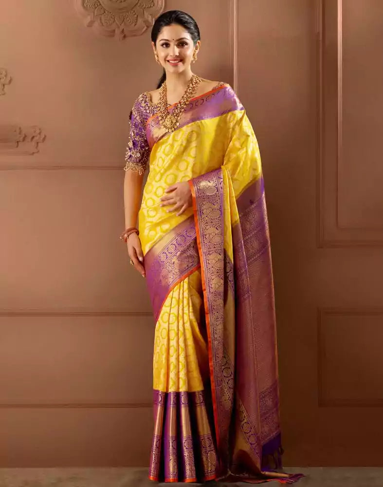 Exclusive Yellow Coloured Floral Design Pure Silk Saree