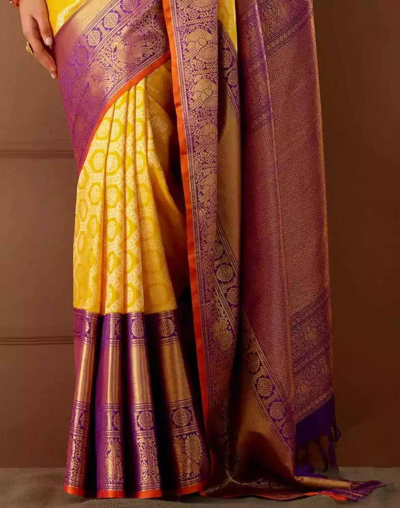 Exclusive Yellow Coloured Floral Design Pure Silk Saree