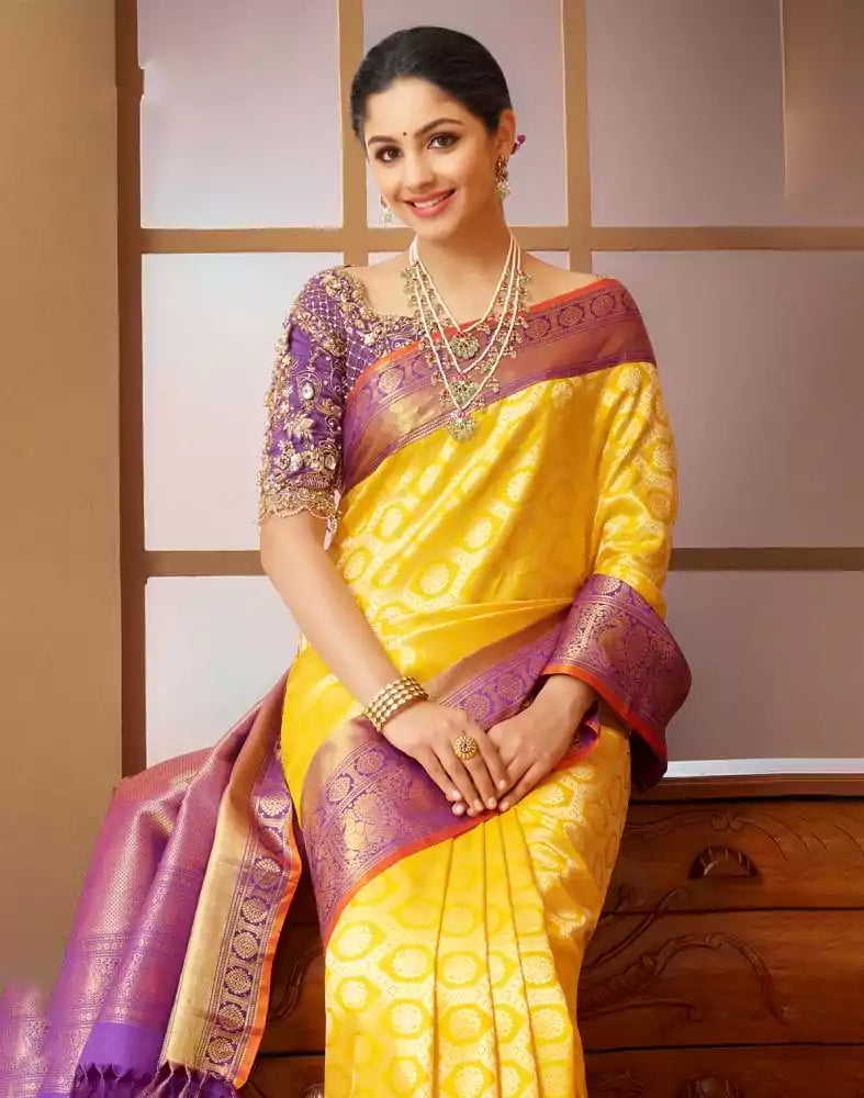 Exclusive Yellow Coloured Floral Design Pure Silk Saree