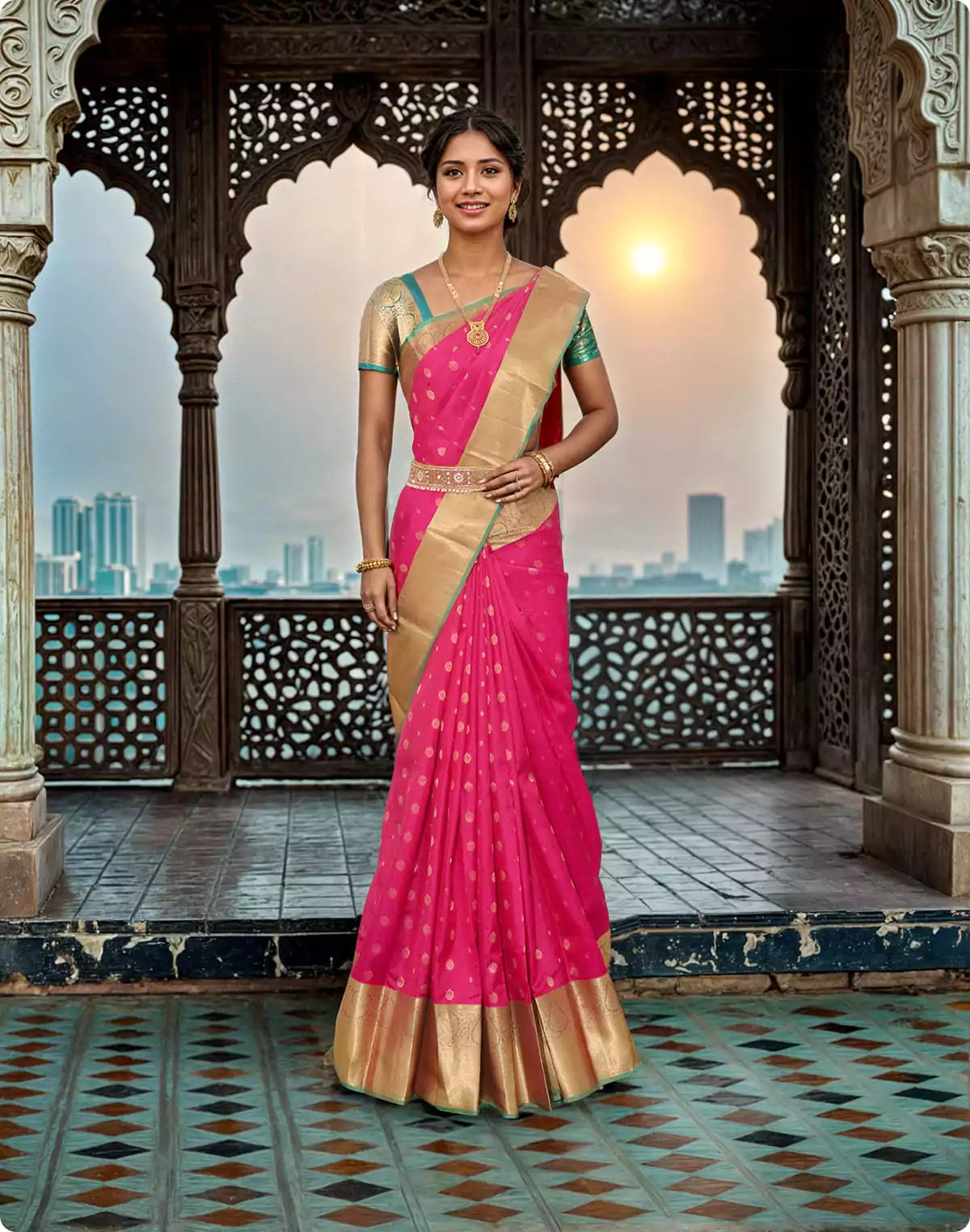 Floral Zari Butta Pink Kanchi Pattu Silk Saree