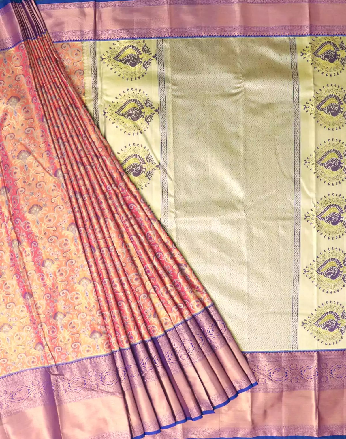 Pink and Light Green Tissue Jaal Saree