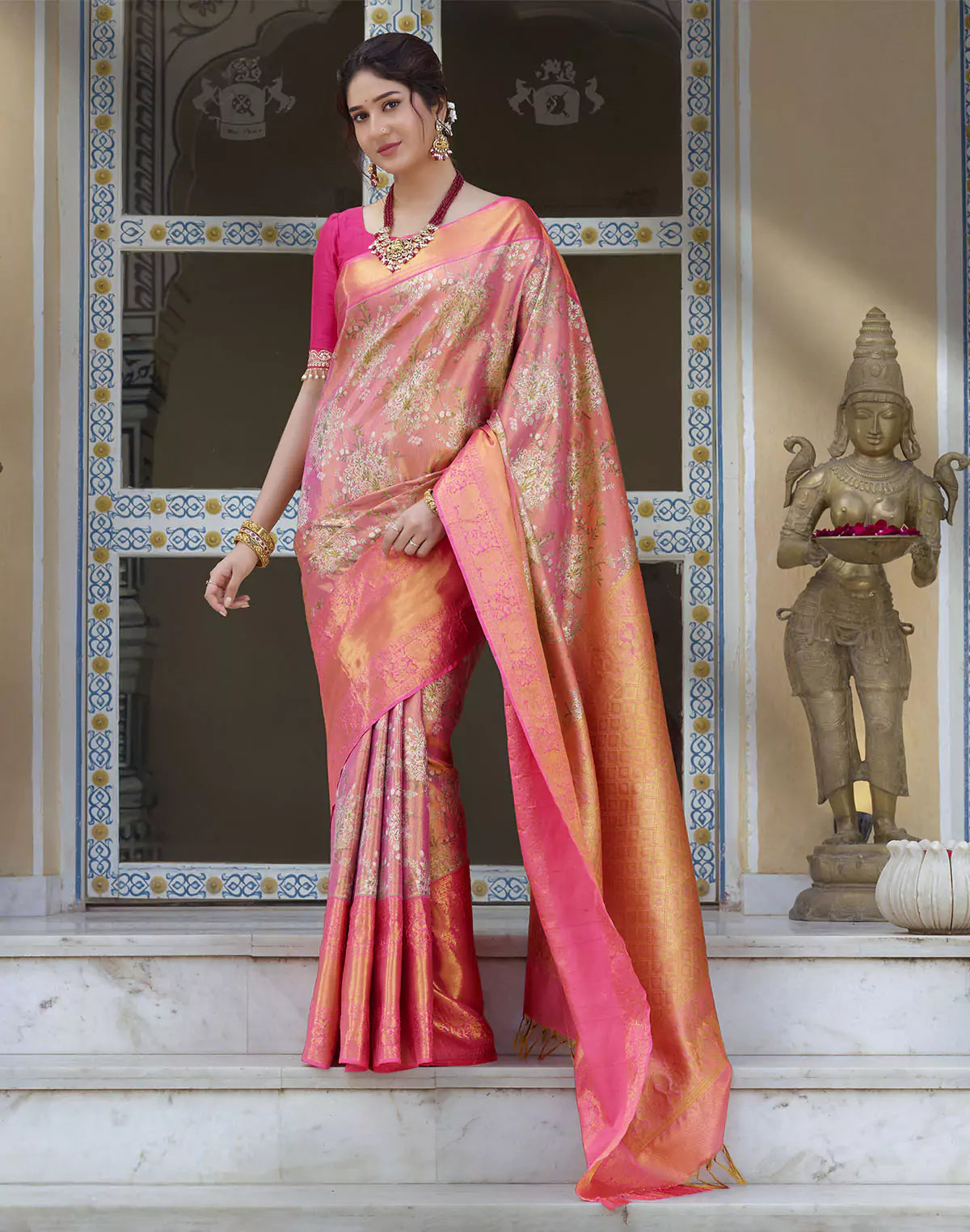 Double Shaded Peach Tissue Jaal Skut Border Saree