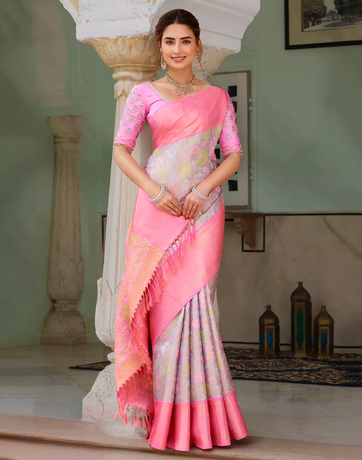 Double Shaded Beige Tissue Jaal Kanchipuram Pure Silk Saree With Contrast Boder