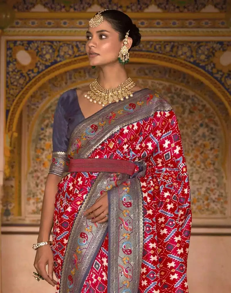Emerald Red Ikat Patola Fancy Saree