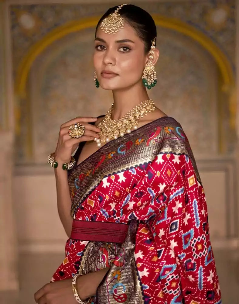 Emerald Red Ikat Patola Fancy Saree