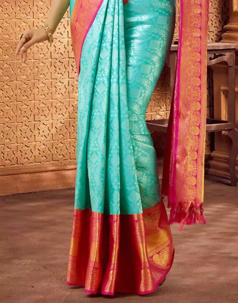 Grandeur Sea Blue and Pink Pure Kanchi Pattu Saree