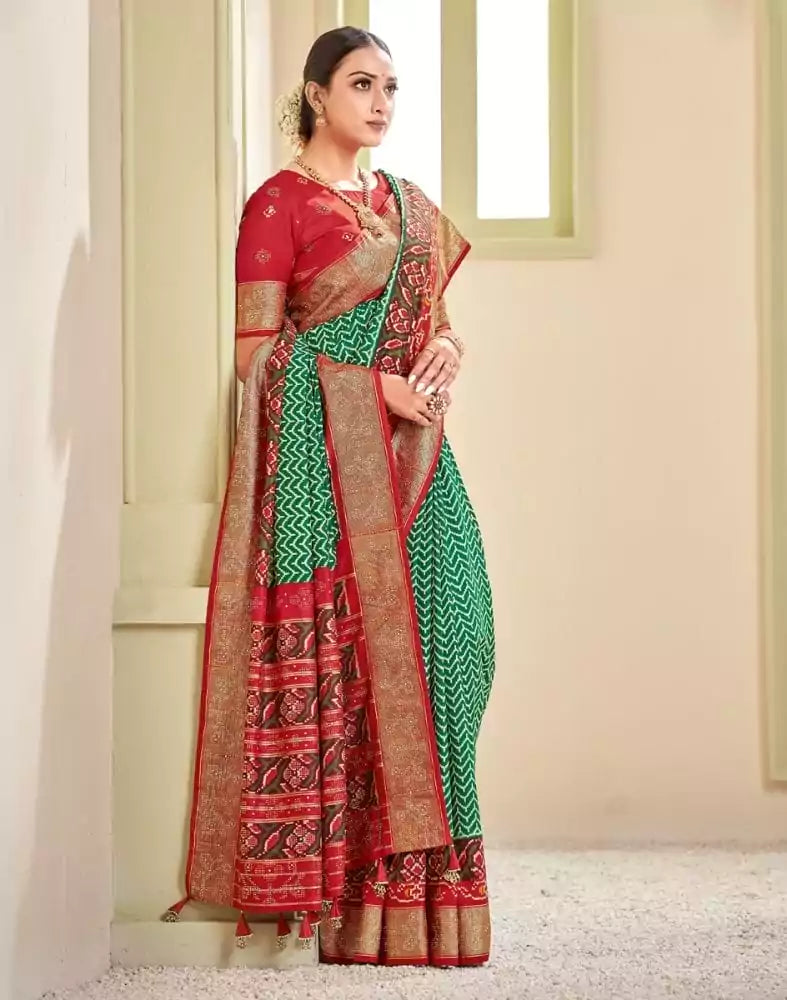 Green Chevron Pattern Patola Saree