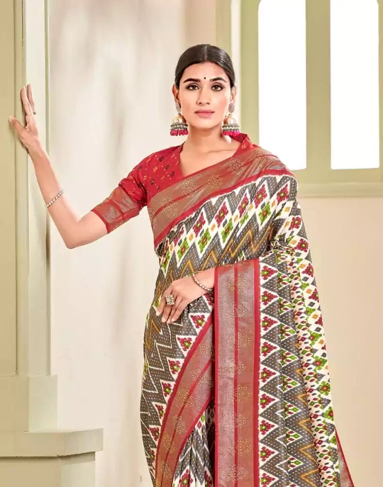Light Grey Ikat Print Patola Fabric Saree