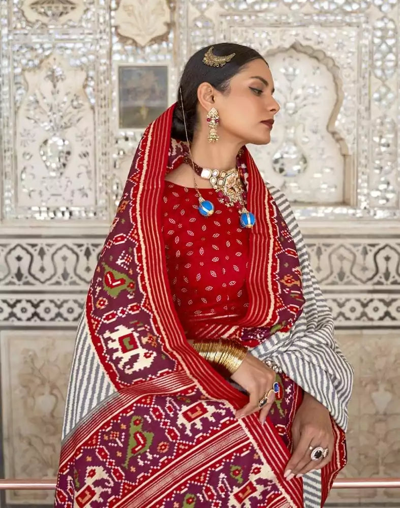 Grey and Red Weaving Patola Saree
