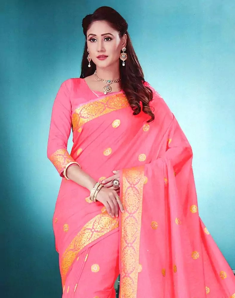 Pink Floral Stones work Semi Raw Silk Saree