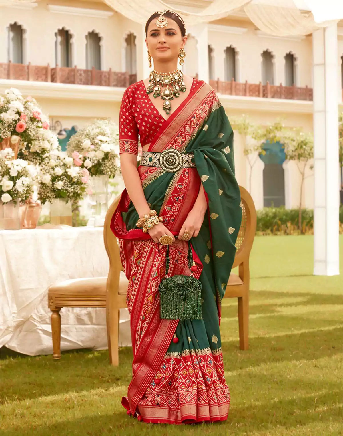 Emerald Green Coloured Patola Fancy Saree