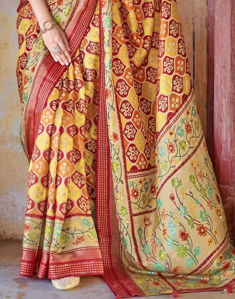 Mustard Coloured Botanical Print Patola Saree