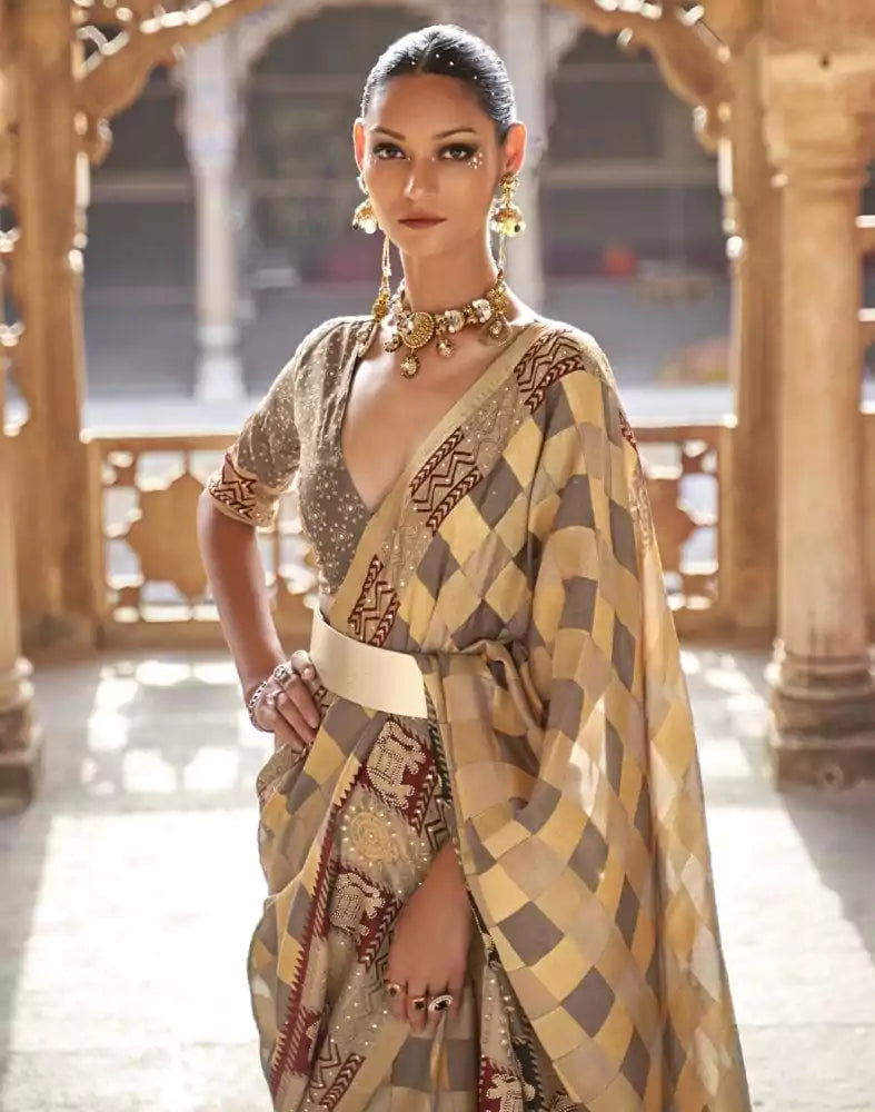 Gold Checks Pattern Patola Fancy Saree