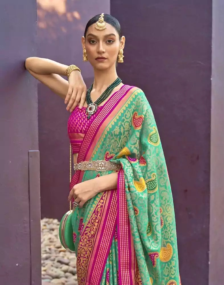 Sea Green Paisley Print Brasso Saree