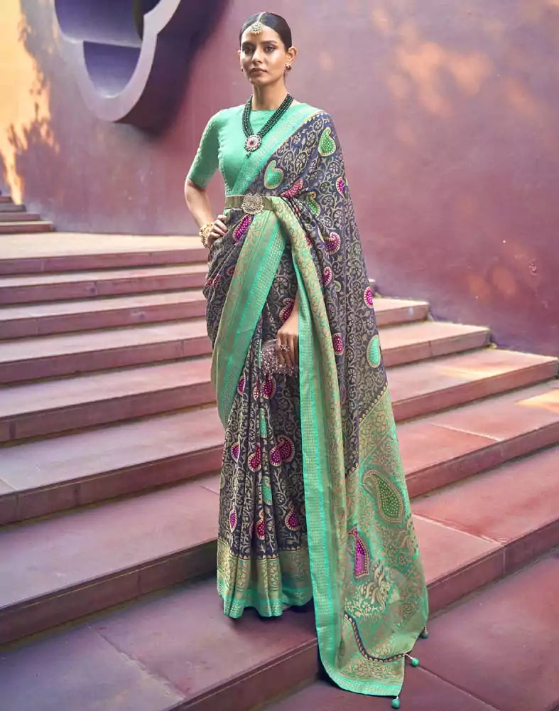 Navy Blue Paisley Pattern Brasso Fabric Saree