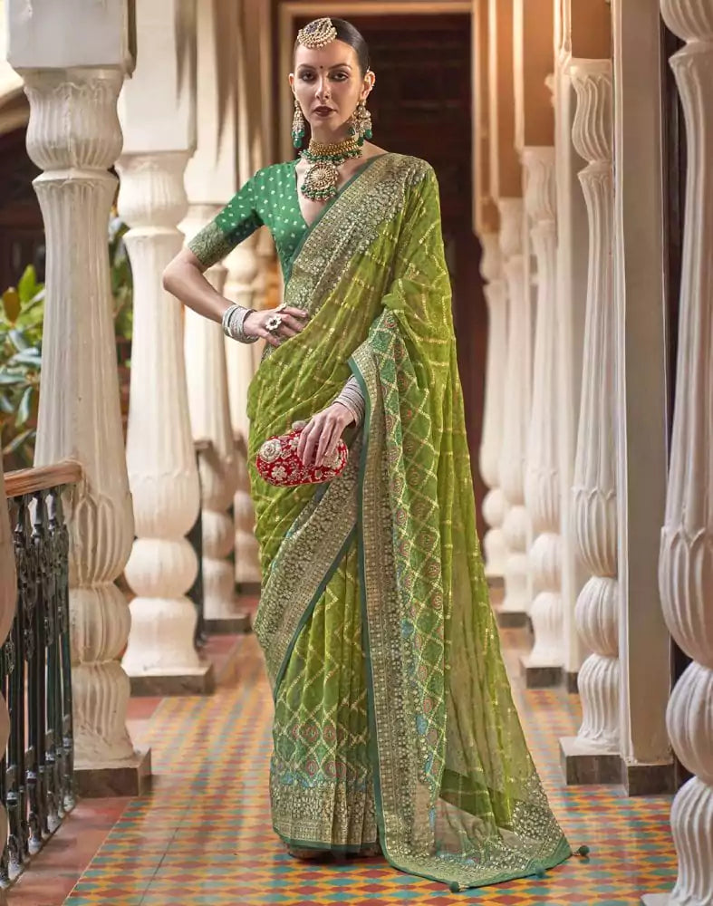 Parrot Green Zig Zag Pattern Georgette Saree