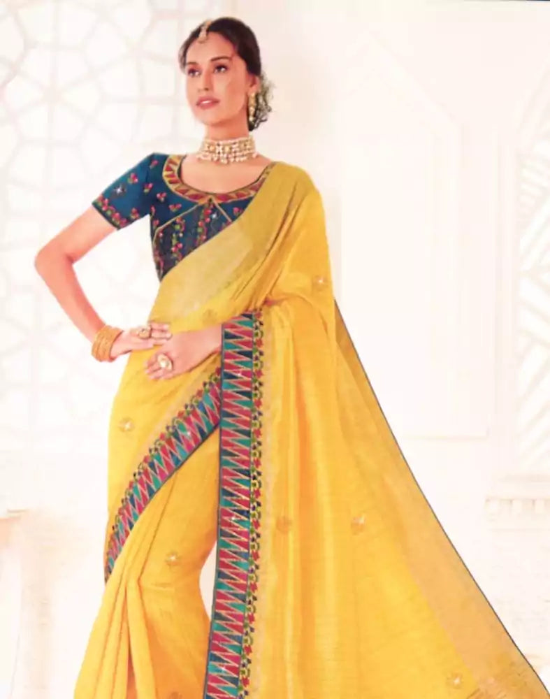 Yellow Plain Stones work Raw Silk Saree