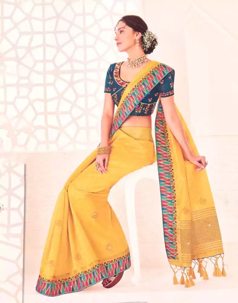 Yellow Plain Stones work Raw Silk Saree