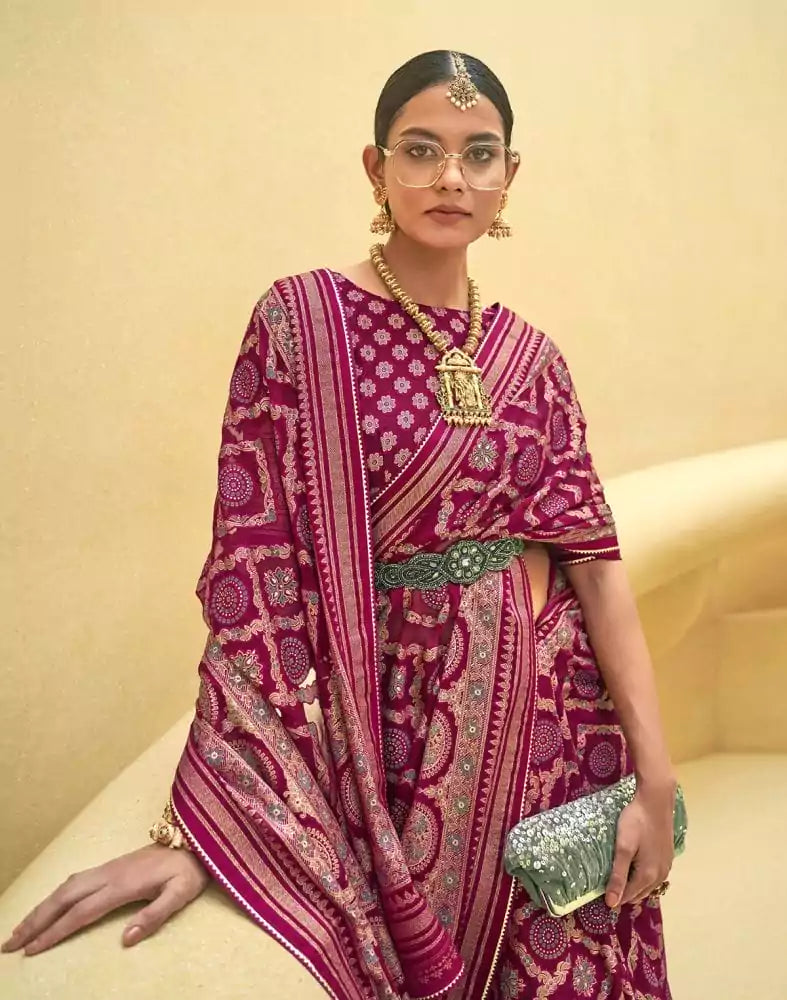 Dark Pink Geometric Print Patola Fancy Saree