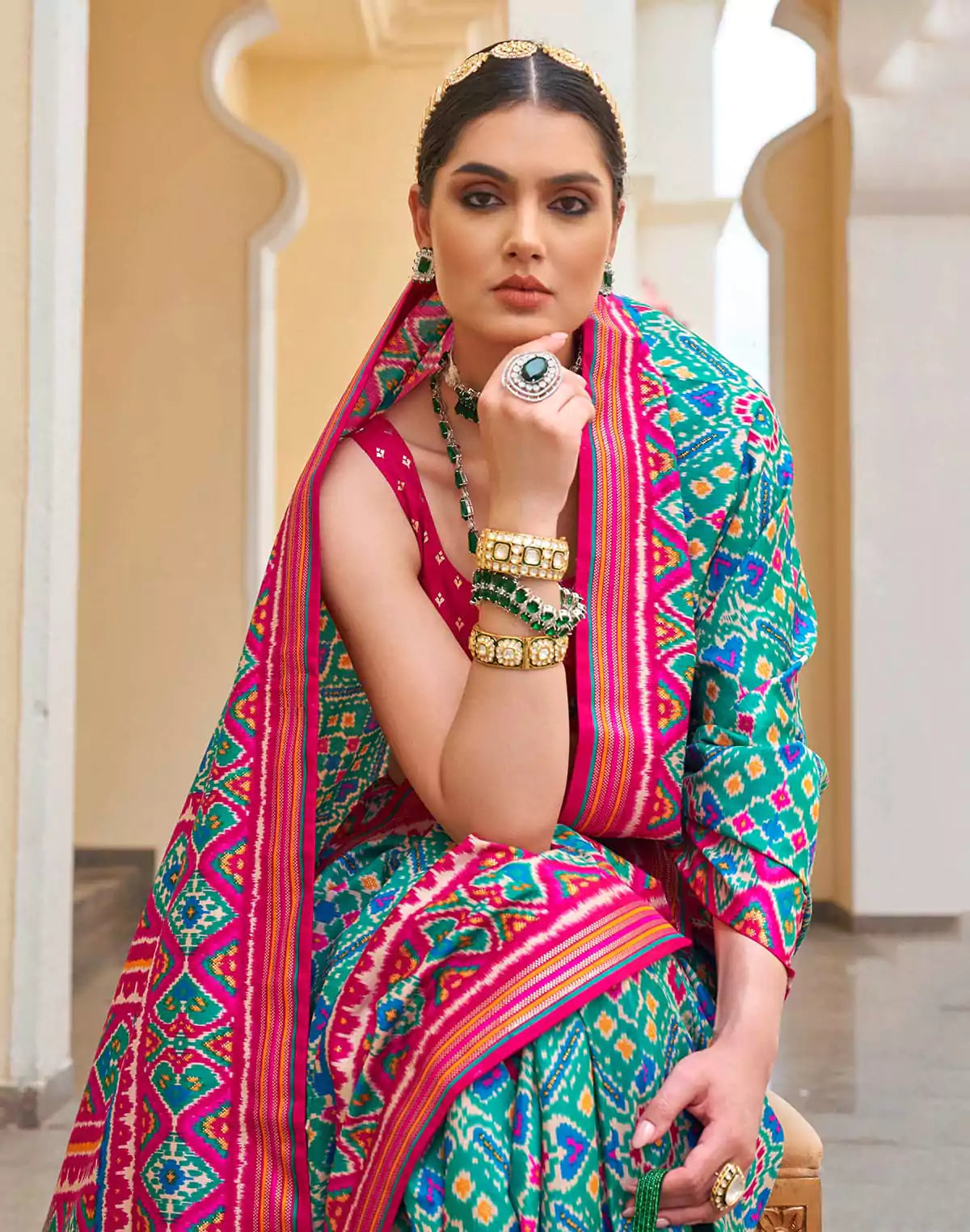 Light Sky Blue Patola Saree with Contrast Blouse