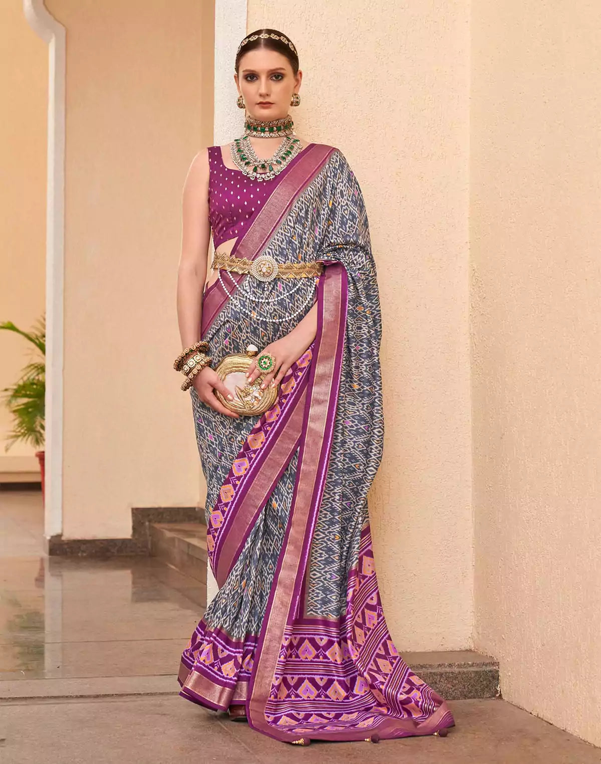 Grey and Purple Patola Silk Saree with Tussels