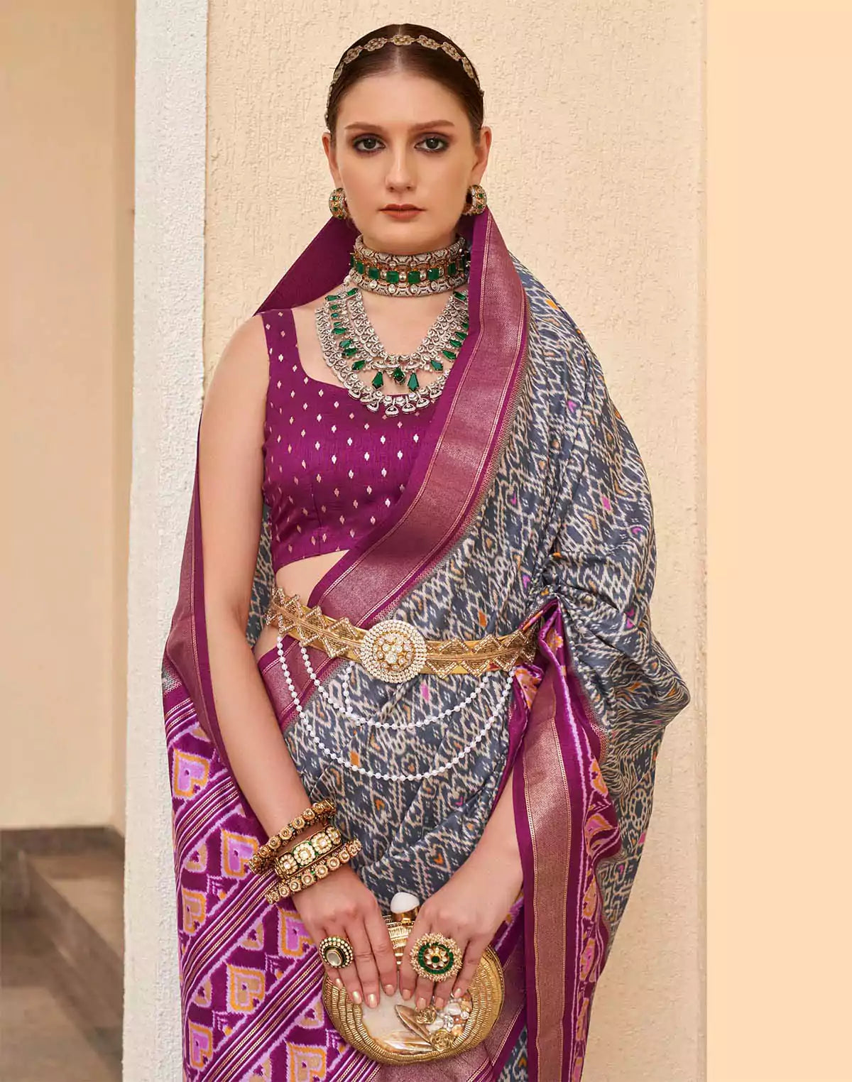 Grey and Purple Patola Silk Saree with Tussels