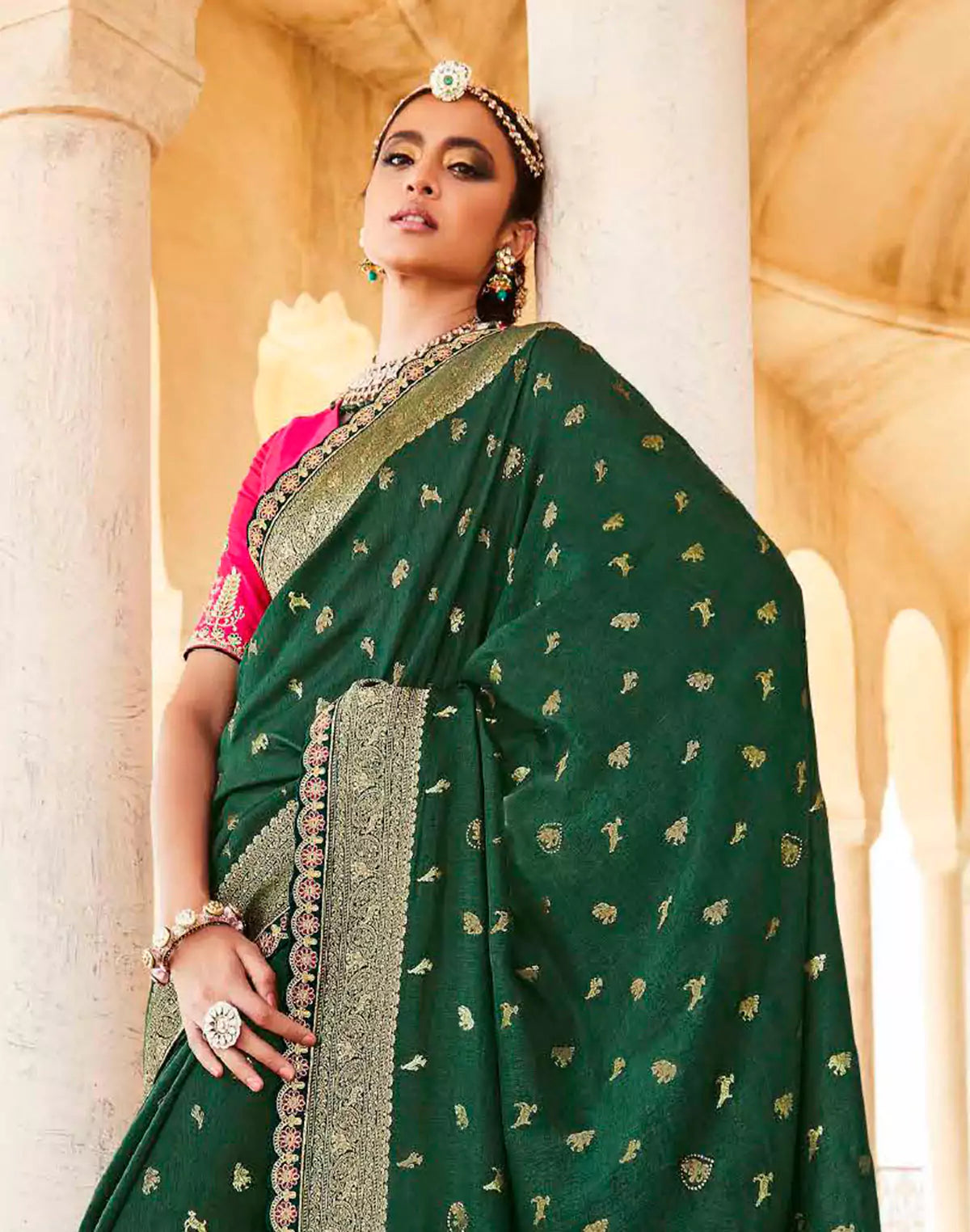 Dark Green Woven Banarasi Dola Silk Saree With Pink Embroidered Blouse
