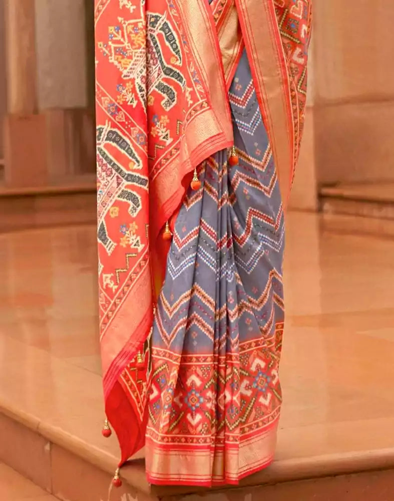 Grey and Orange Chevron Pattern Print Patola Saree