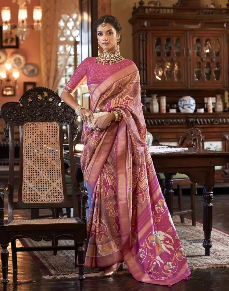 Peach Ikat Print Patola Fancy Saree