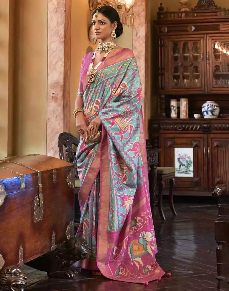 Sky Blue Ikat Print Patola Fabric Saree