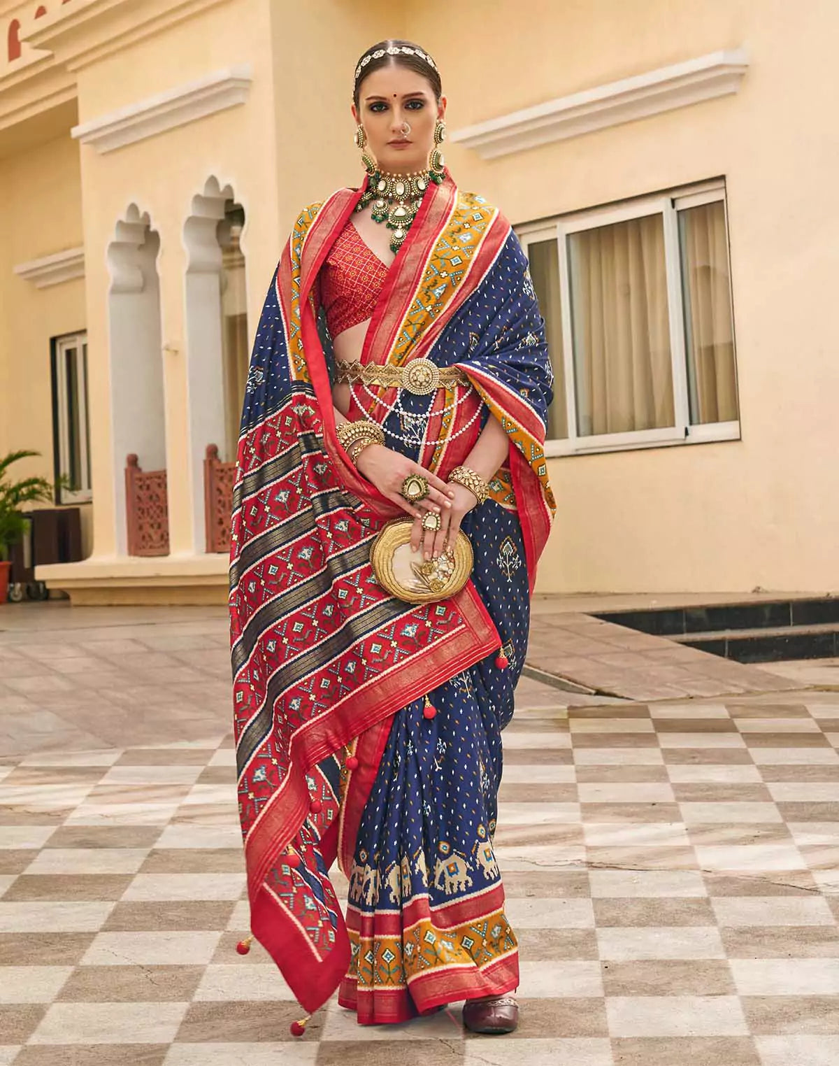 Navy Blue Palkhi Patola Contrast Border Saree
