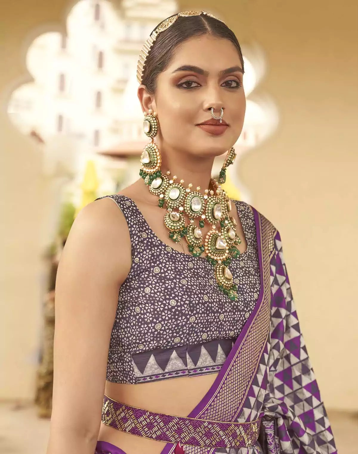 Violet Geometric Print Classic Soft Silk Saree