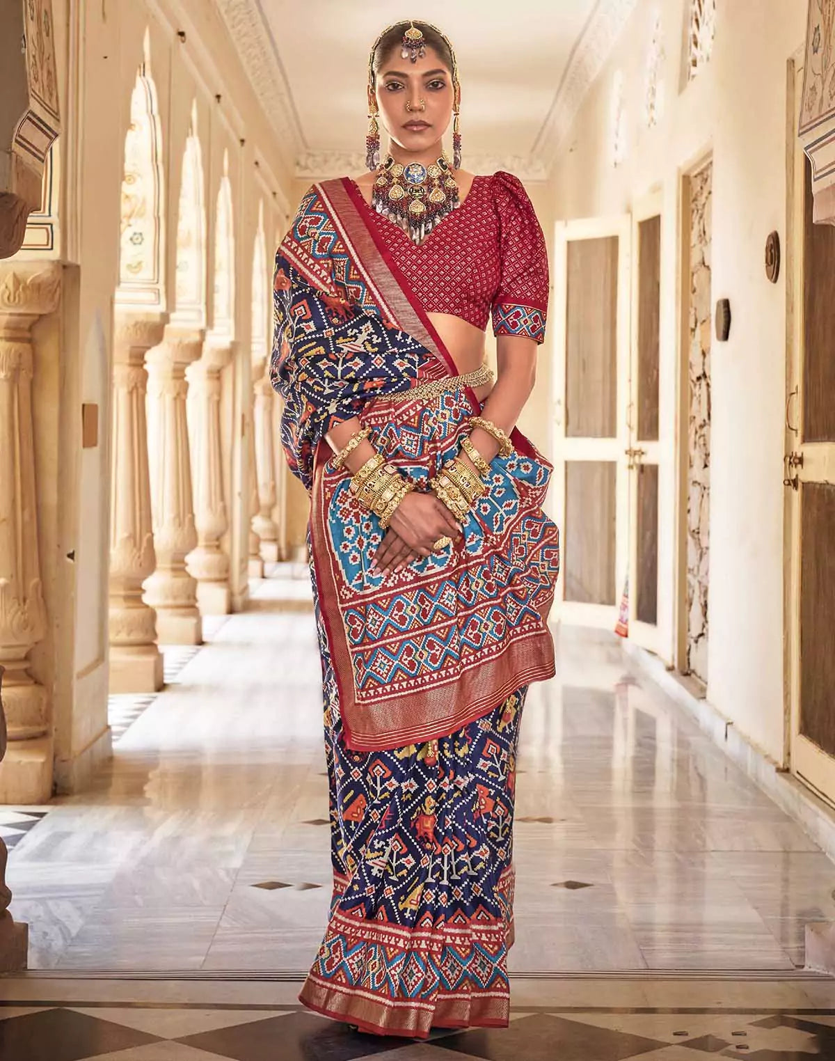 Navy Blue Ikat Pattern Patola Silk Saree