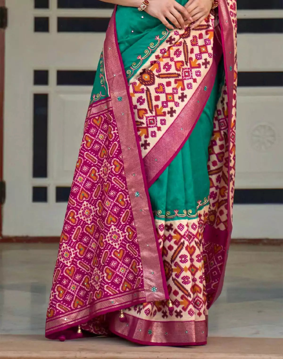 Sea Green Patola Silk Mirror work Saree