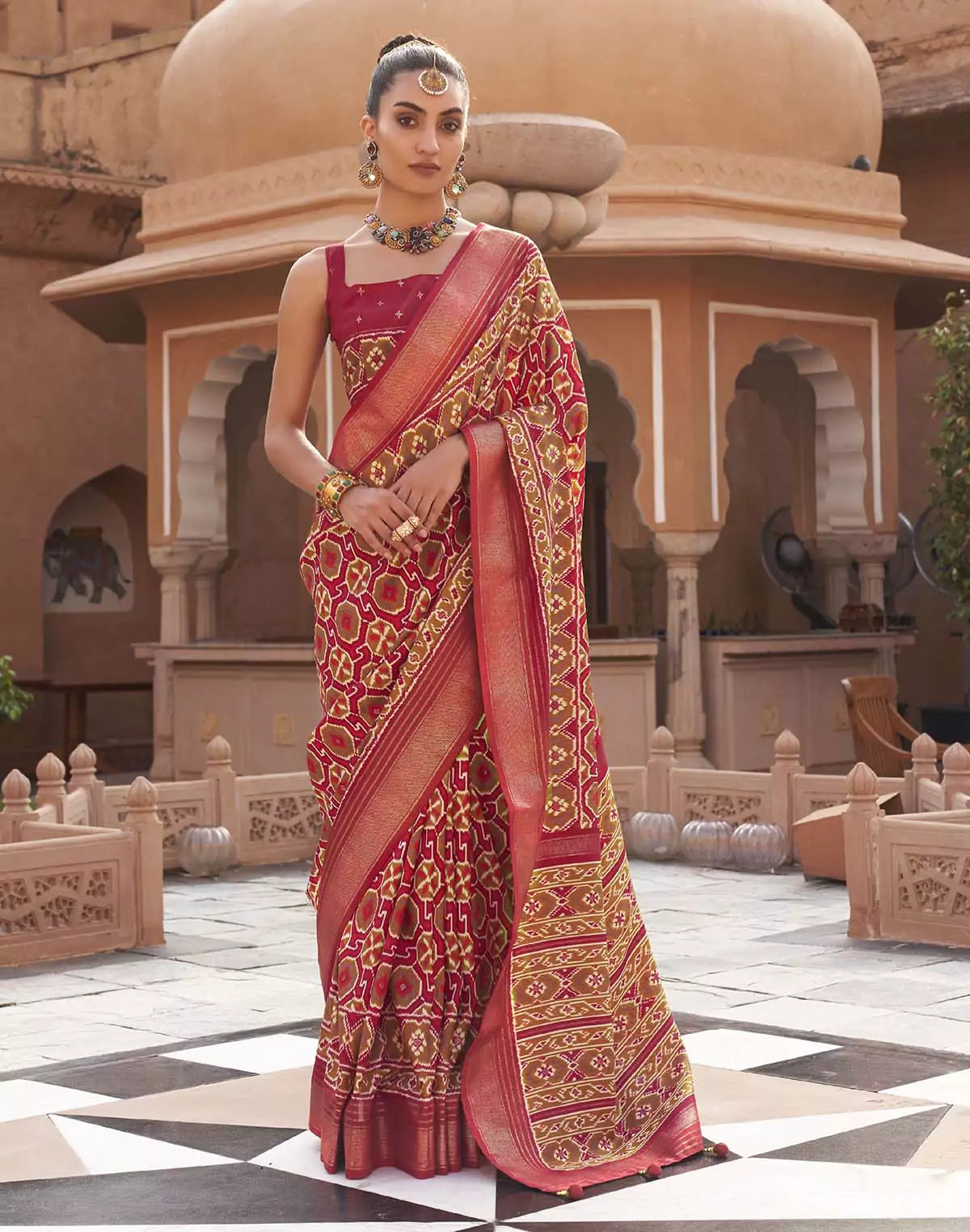 Red Pochampally Silk Patola Fancy Saree