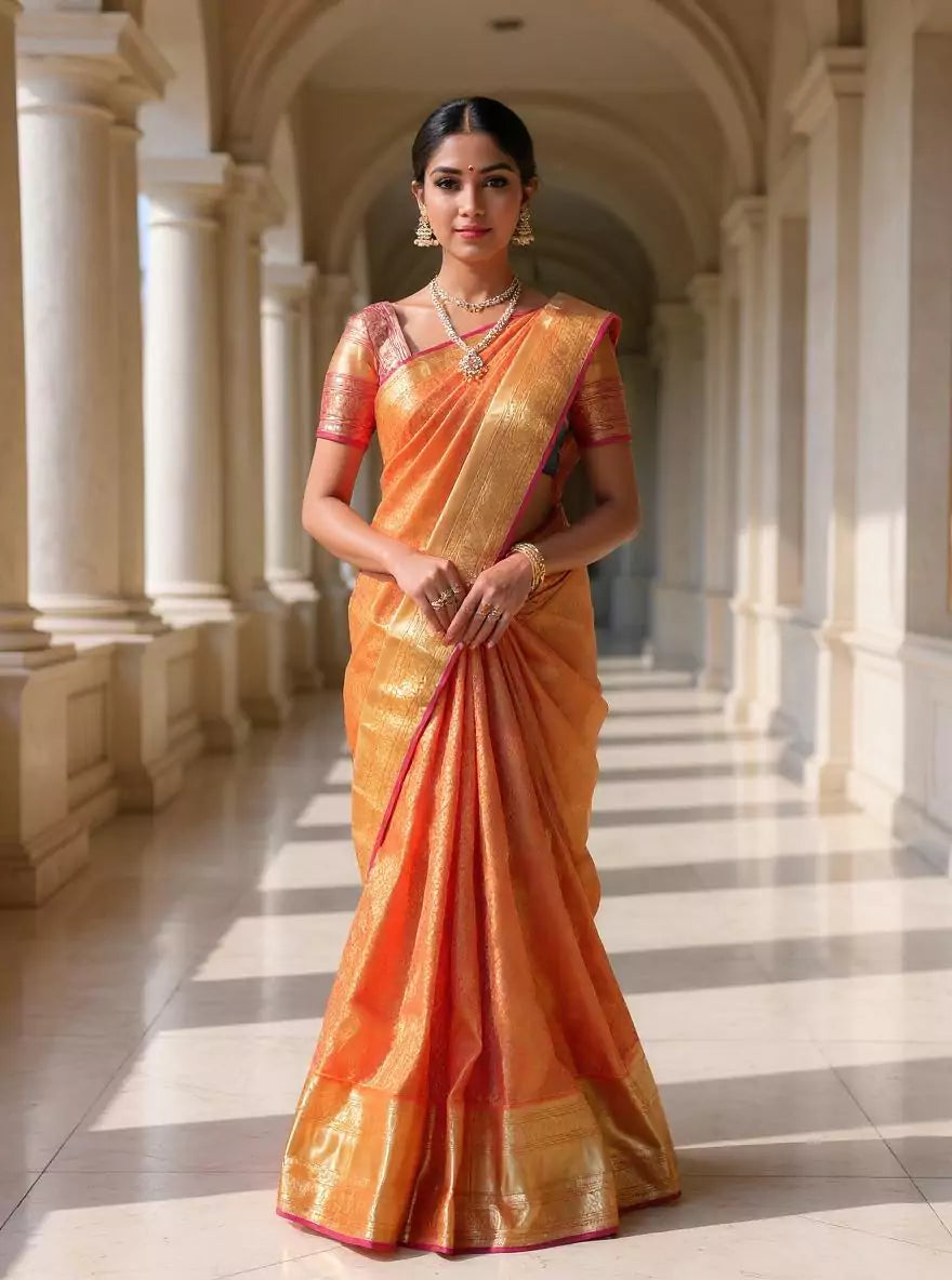 Orange Floral Golden Zari Kanchi Pattu Saree with Skut Border