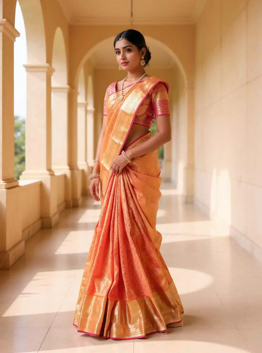 Orange Floral Golden Zari Kanchi Pattu Saree with Skut Border