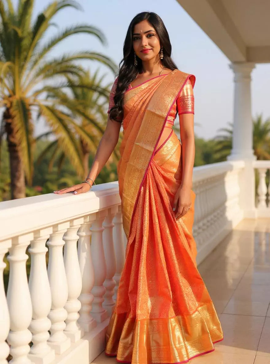Orange Floral Golden Zari Kanchi Pattu Saree with Skut Border