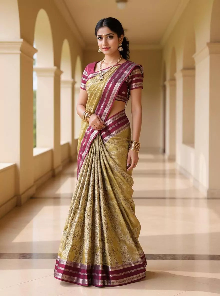 Mehendi Green Floral with Paisely Design Kanchi Pattu Silk Saree
