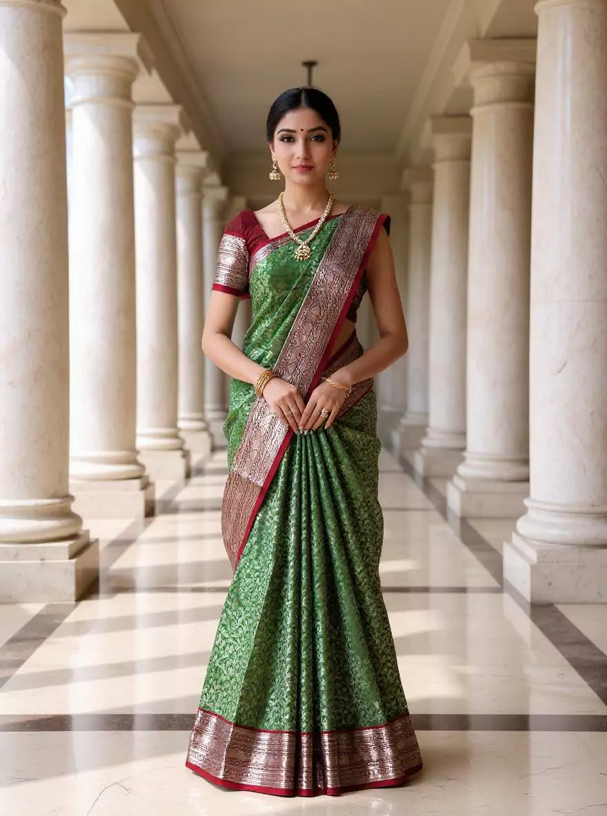Green Silver Zari Kanchi Pattu Saree with Contrast Border