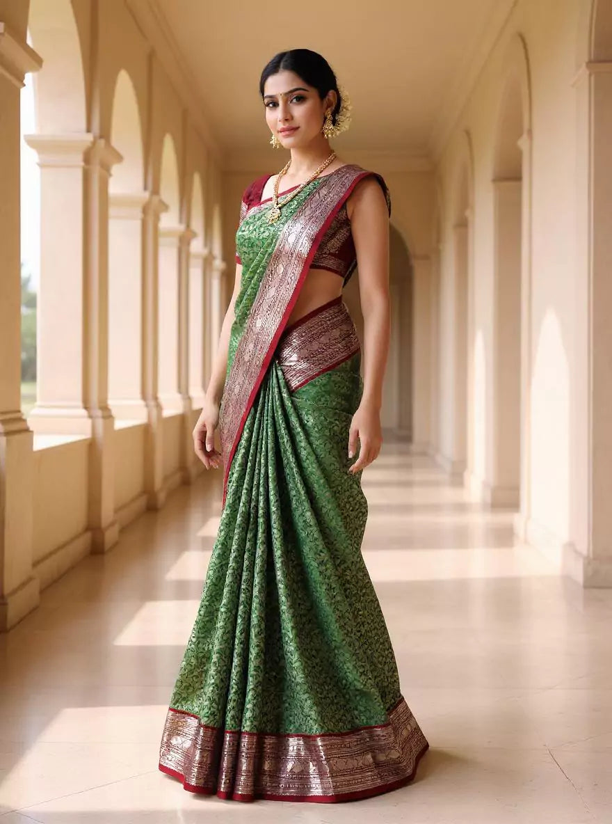 Green Silver Zari Kanchi Pattu Saree with Contrast Border