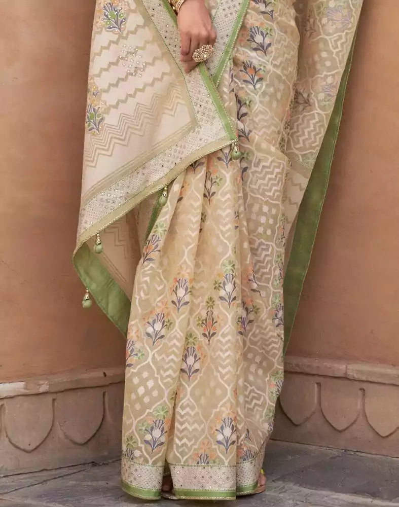 Parrot Green Floral Hand Painted Brasso Saree
