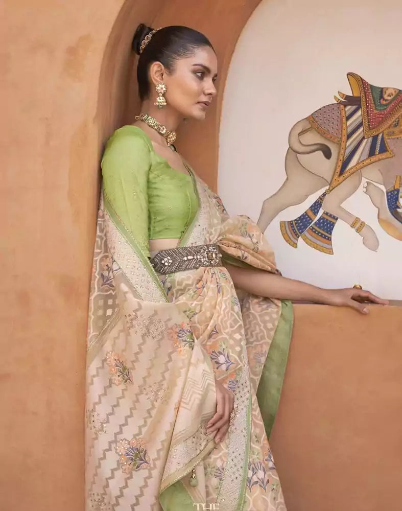 Parrot Green Floral Hand Painted Brasso Saree