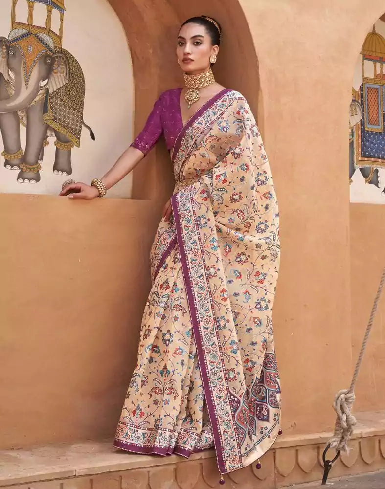 Beige and Violet Floral Hand Painted Brasso Saree