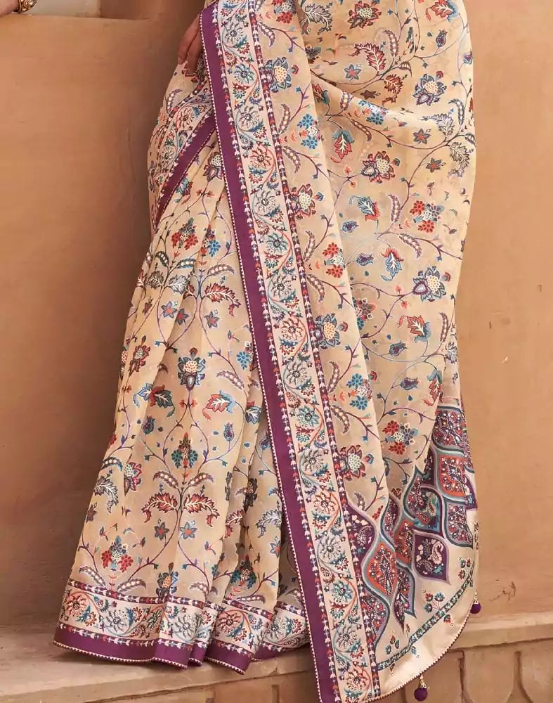 Beige and Violet Floral Hand Painted Brasso Saree
