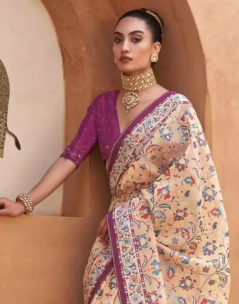 Beige and Violet Floral Hand Painted Brasso Saree